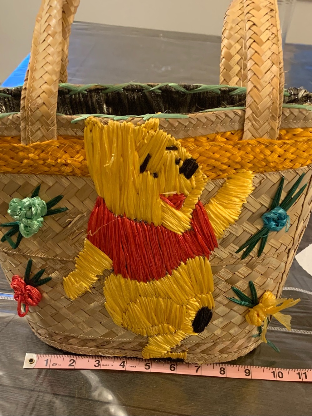 Handwoven Straw Tote with Winnie the Pooh. - Picture 4 of 6
